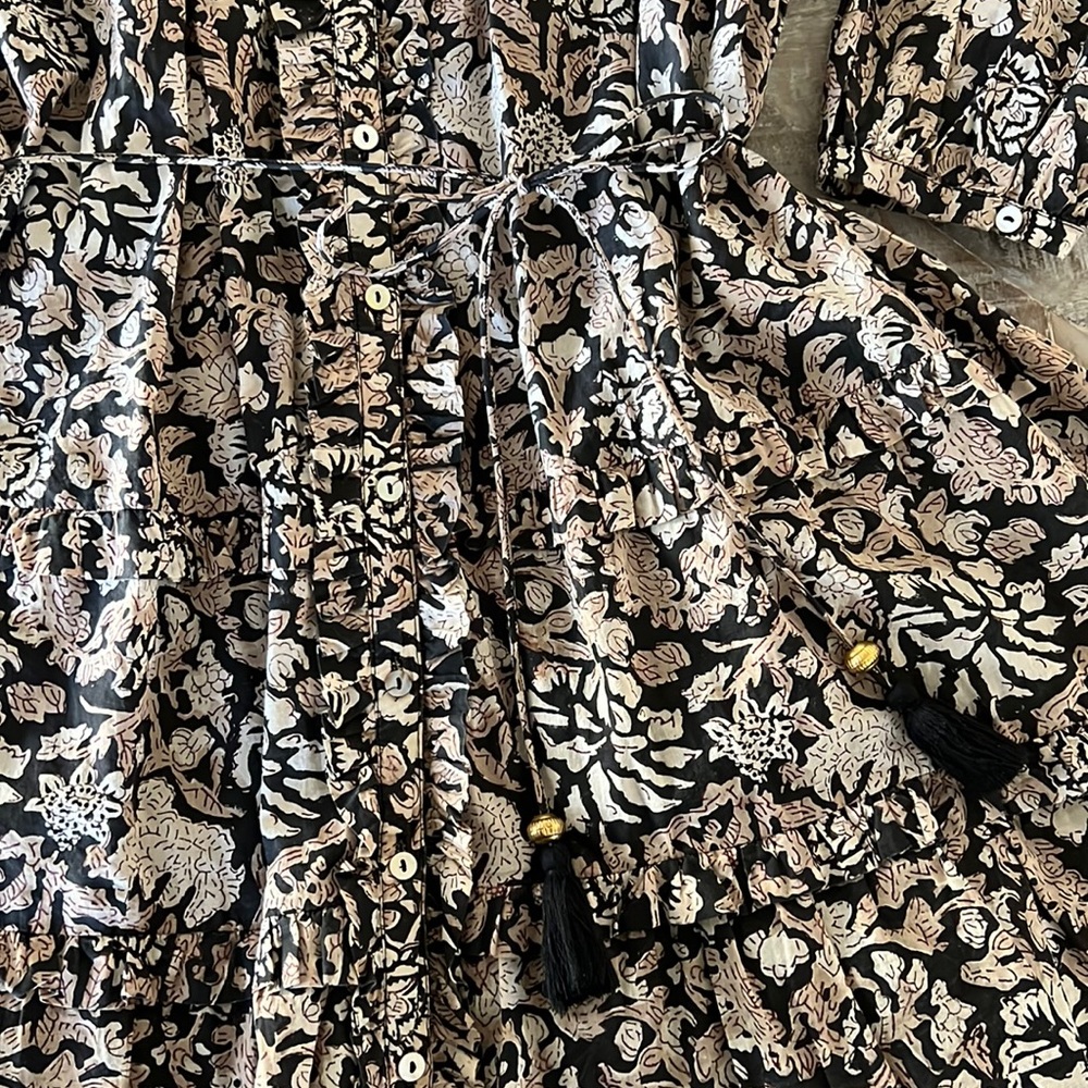 Cleobella Dress, beautiful black and cream print, with dainty ruffle details.